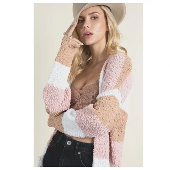 NEW Long Popcorn Texture Colorblock Pocket Cardigan S/ML - Picture 4 of 8